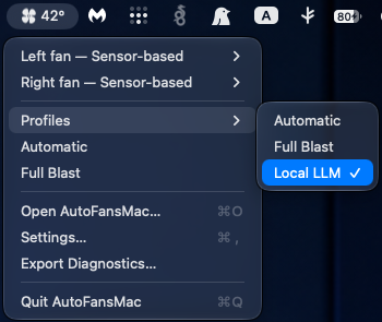 The AutoFansMac menu bar item with its dropdown open: both fans on a sensor-based curve, the profile list, and the Open, Settings, Export Diagnostics and Quit items.