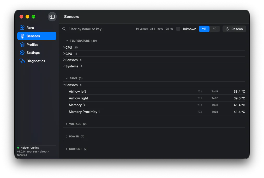 AutoFansMac Sensors view listing SMC temperature keys grouped by CPU, GPU and system.