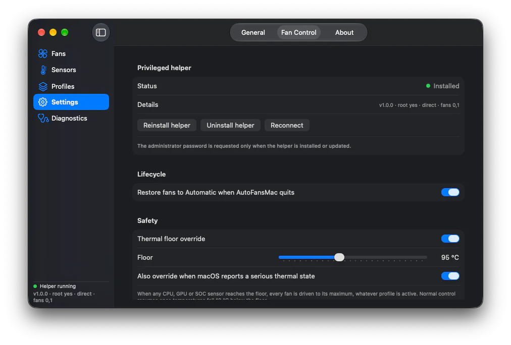 AutoFansMac Settings view showing helper status, lifecycle options and safety controls.